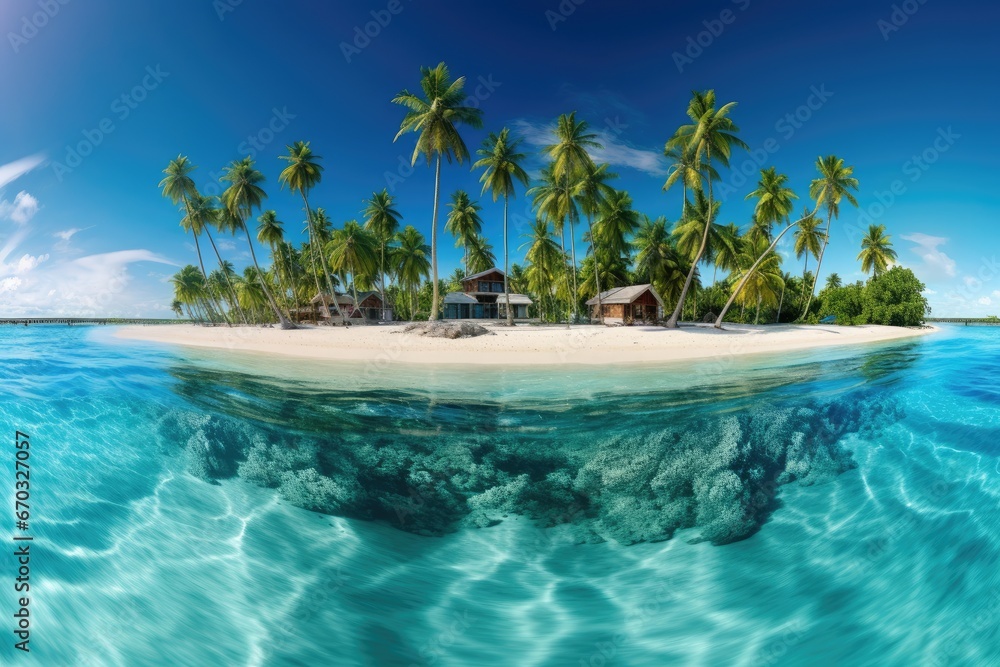 tropical island in Maldives with few palm trees and blue lagoon, Tropical island in Maldives at summer time. Panorama, AI Generated