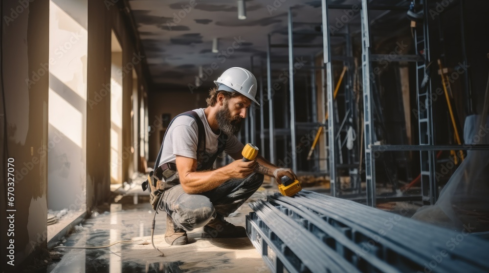 Electrician is install electricity at a building in construction process.