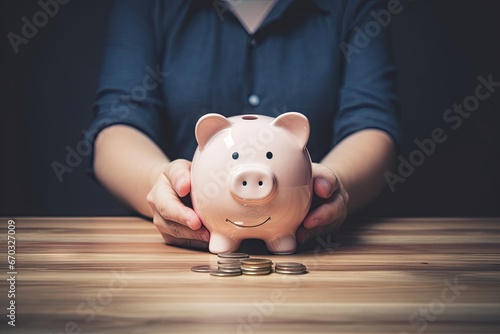 investment financial money table wood bank piggy holding hand man image panoramic save money hand baby pig bank investment plan management wealth income man male budget health insurance