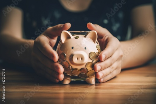 investment financial money table wood bank piggy holding hand man image panoramic save money hand baby pig bank investment plan management wealth income man male budget health insurance