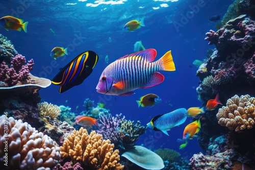 Tropical fish swimming in the coral reef of the Red Sea, Tropical fish on coral reef in ocean. Underwater scene, AI Generated