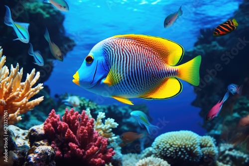 Colorful tropical fish swimming in the deep blue waters of the Red Sea, Tropical fish on coral reef in ocean. Underwater scene, AI Generated