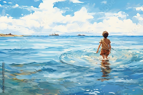 Illustration of a Boy Enjoying Playtime by the Sea
