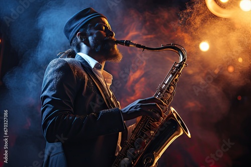 humo escenario sobre saxofonista saxophone saxophonist jazz musician music scene vintage black retro old smoke soul tab performer soloist subject perform public alone blues metal gold photo