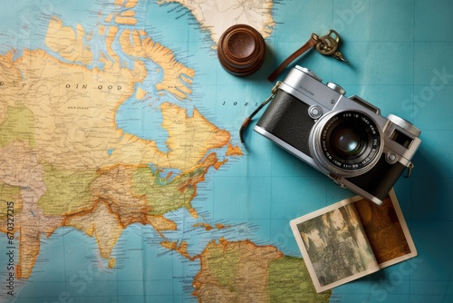 Vintage camera and old map of the world. Travel concept, Top view travel concept with retro camera films, map and passport on blue background with copy space, AI Generated