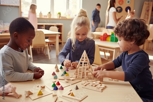 School Montessori Shapes Wooden Using Pupils Teacher education class classroom pupil student children tutor teaching learning shape puzzle helping encouraging encouragement sitting table