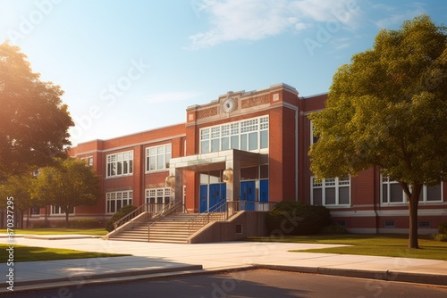 exterior building school American typical View education back to academic america architectural architecture brick campus children classroom elementary entrance facades facility grammar grass photo