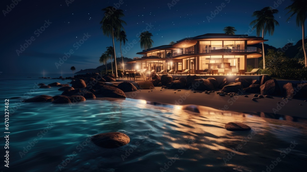 Beautiful holiday resort above the beach on sea at night.