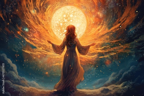 Illustrating a Woman Holding a Galaxy Harnessing the Power of the Cosmos