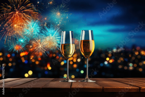 Champagne and fireworks new years and Christmas eve calibration. AI generative