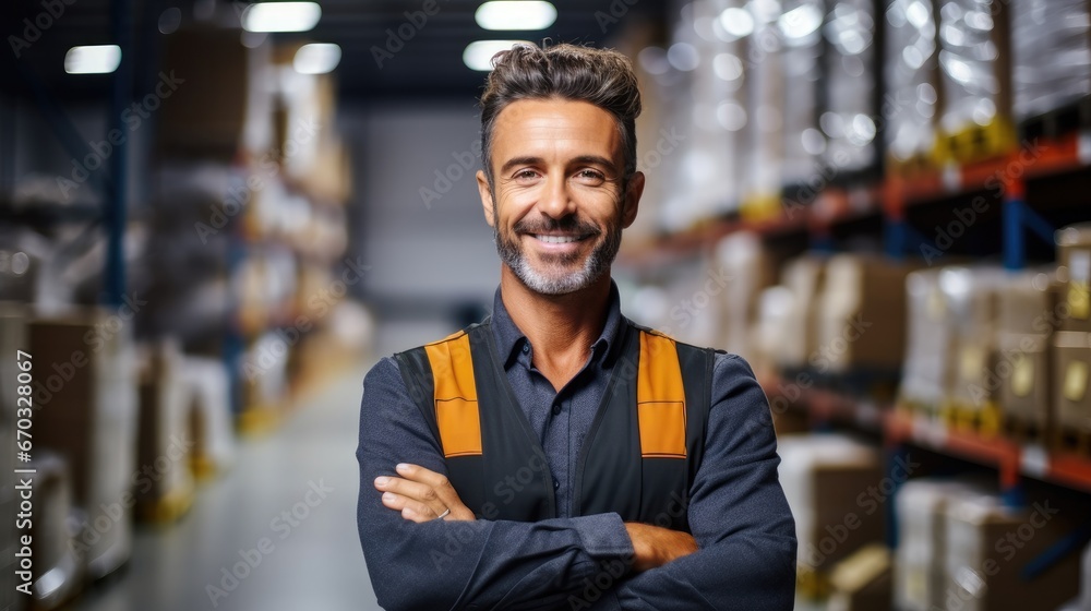 Fototapeta premium A confident warehouse Supervisor is working in leading distribution warehouse.