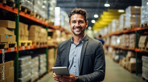 Business owner using tablet in storage and controlling shipment at warehouse.