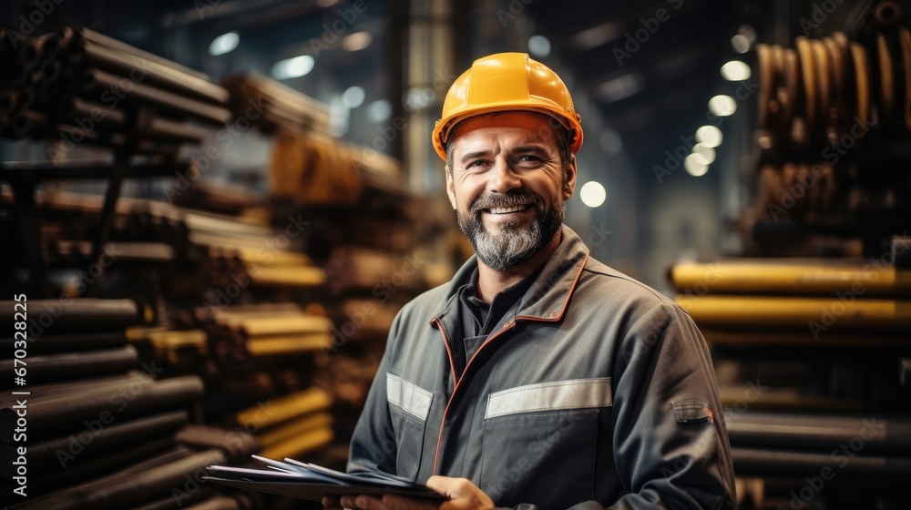 A steel factory engineer with tablet is working in a factory. A steel factory engineer with tablet is working in a factory.