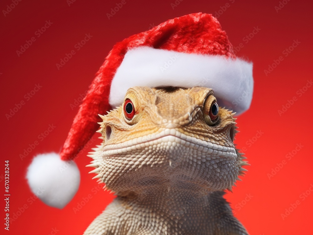 Curious bearded dragon wearing a Santa hat Curious bearded dragon wearing a Santa hat