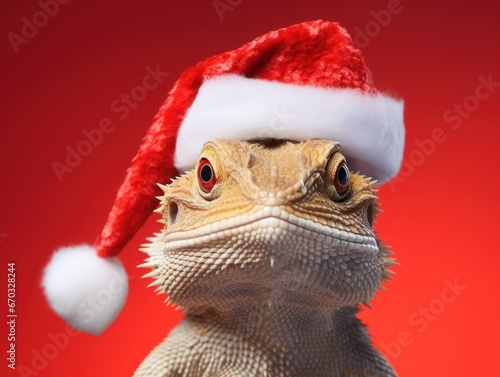 Curious bearded dragon wearing a Santa hat