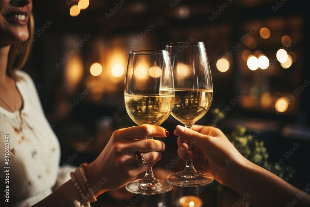 close up hands friends toasting white wine at dinner party in restaurant. Generative AI.