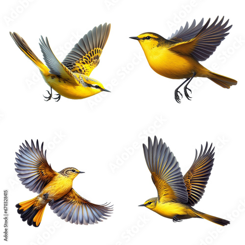 A set of male and female Yellow-breasted Chats flying on a transparent background © Shoofly 3D