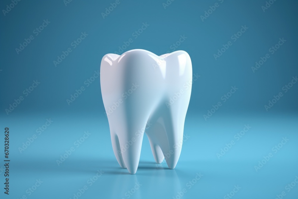 Tooth on blue backdrop with copy space. Generative AI. Tooth on blue backdrop with copy space. Generative AI.