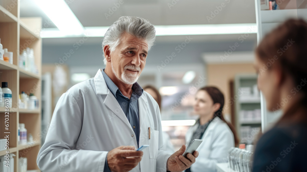 Senior male pharmacist giving prescription medications to female customer in a pharmacy.