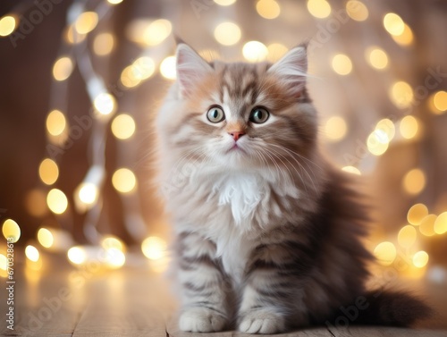 A fluffy kitten in Christmas garlands and lights background