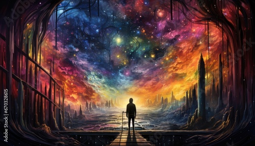 Illustration of a Boy Gazing at a Colorful Fantasy Cloud