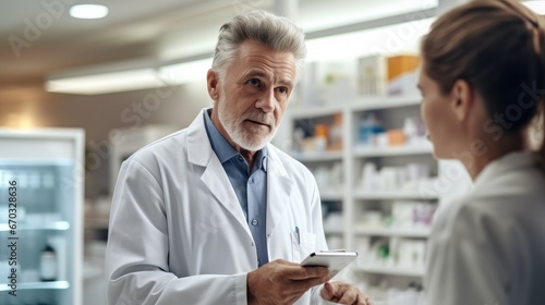 Senior male pharmacist giving prescription medications to female customer in a pharmacy.