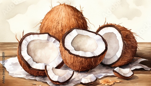 Illustration of a Peeled and Halved Coconut