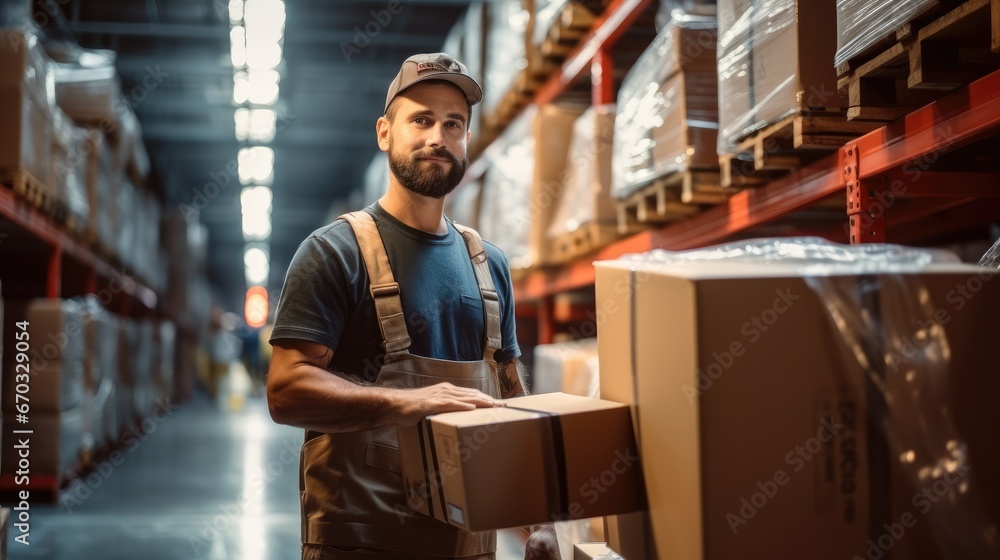 Fototapeta premium Warehouse worker relocating a box with goods in storage.
