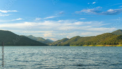 Scenic serenity idea of reservoir water, hills and sky © phichak