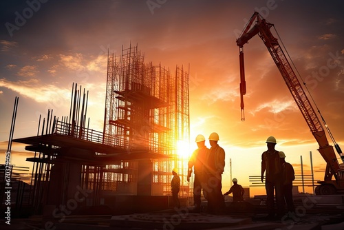 sunset sites construction blurry sites construction blueprints looking engineers business teams silhouette site construction building sunset environmental management survey engineer