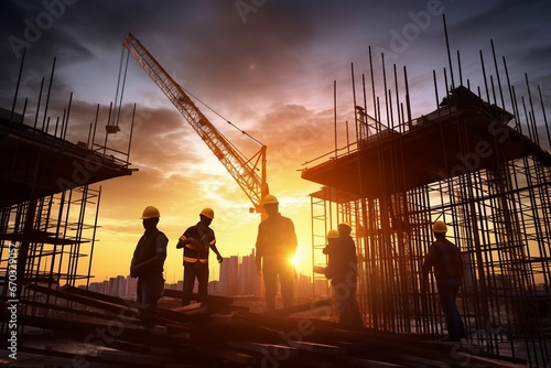 sunset sites construction blurry sites construction blueprints looking engineers business teams silhouette site construction building sunset environmental management survey engineer