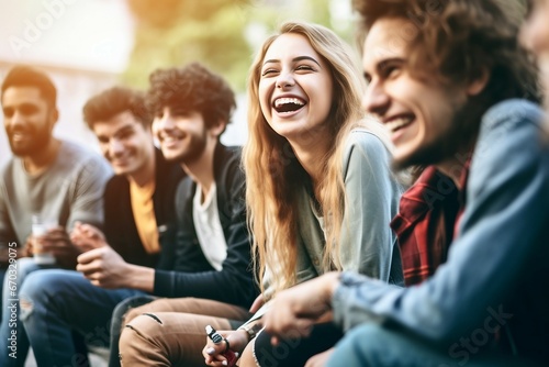 mouth open smiling girl blonde focus together fun having students outdoors bench sitting together chatting people young trendy group   sitting people chatting group together woman happy photo