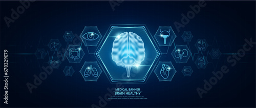Brain healthy. Human organs icon symbols. Medical science banner design template. Health care medical check up too innovative futuristic digital technology. Examining organ and heart pulse. Vector.