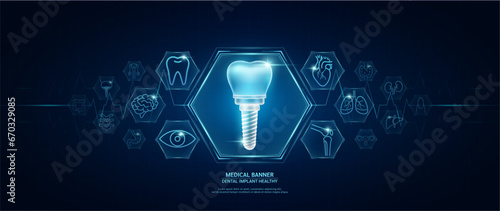 Dental implant healthy. Human organs icon symbols. Medical science banner design template. Health care medical check up too innovative digital technology. Examining organ and heart pulse. Vector.