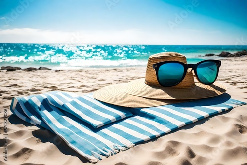 During the summer, sunglasses, a straw hat, and a purse are seen on a beach towel at a lovely beach with a clear ocean and a blue sky. 
