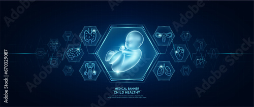 Child healthy. Human organs icon symbols. Medical science banner design template. Health care medical check up too innovative futuristic digital technology. Examining organ and heart pulse. Vector.