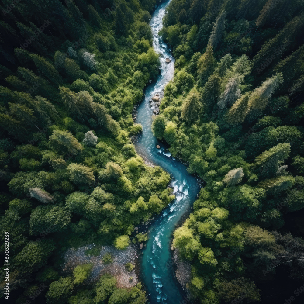 Drone View of Winding River Through Dense Forest Drone View of Winding River Through Dense Forest