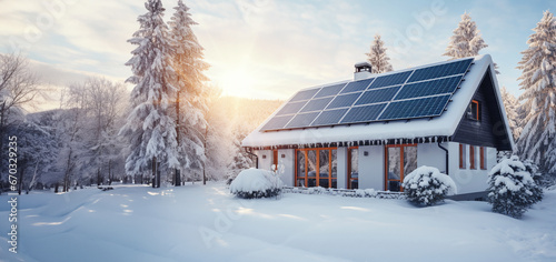 Solar panels on a house in the winter season. Aesthetic cartoon image pretty sunlight snow © Kordiush