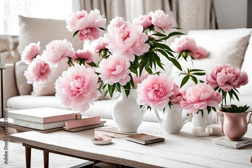 home decoration, fresh pink peonies on coffee table in white roo  photo