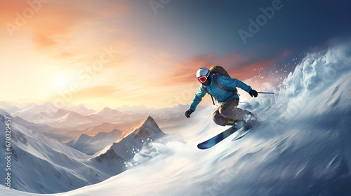 skier on pise in high mountains Skiers show graceful stunts of cool sliding postures on downhill snow mountain generative ai
 photo