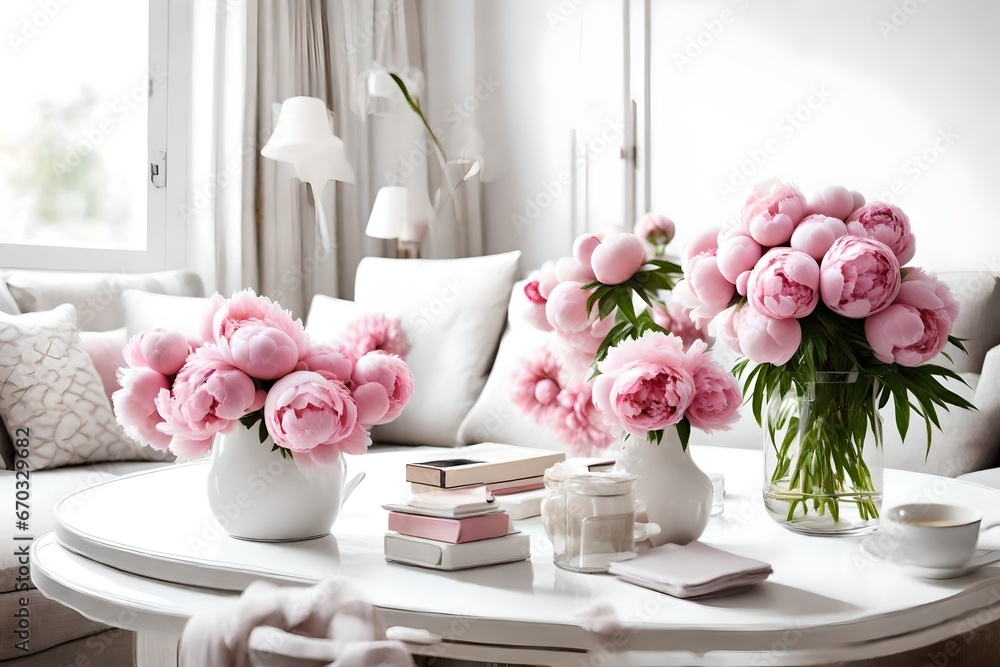 home decoration, fresh pink peonies on coffee table in white roo 