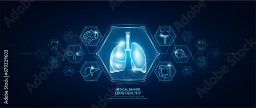 Lung healthy. Human organs icon symbols. Medical science banner design template. Health care medical check up too innovative futuristic digital technology. Examining organ and heart pulse. Vector.