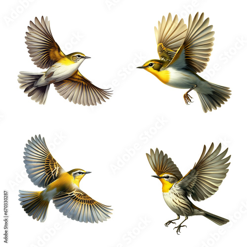 A set of male and female Yellow-throated Vireos flying on a transparent background © DLW Designs