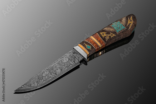 forged sharp handmade knife with multilayer steel with a wooden handle inlaid with gold