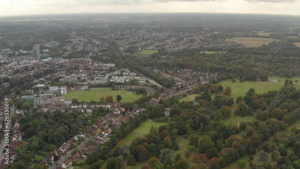 Aerial shot over Cassiobury park and Watford underground station Aerial shot over Cassiobury park and Watford underground station