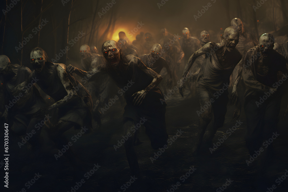 group of zombies running in autumn forest at night. Neural network generated image. Not based on any actual person or scene. group of zombies running in autumn forest at night. Neural network generated image. Not based on any actual person or scene.