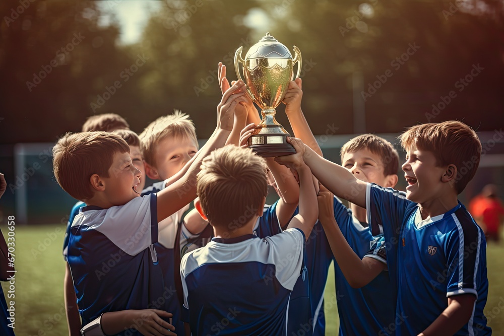children kids tournament sport team winning championship football soccer celebrating trophy holding players young achievement sports boys boy cup champion youth league succeed game - obrazy, fototapety, plakaty 