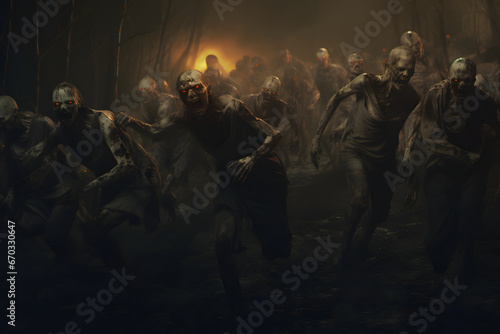 group of zombies running in autumn forest at night. Neural network generated image. Not based on any actual person or scene.
