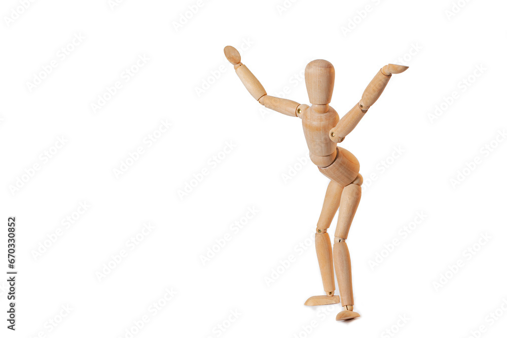 Wooden man waving his arms is highlighted on a white background. Wooden man waving his arms is highlighted on a white background.
