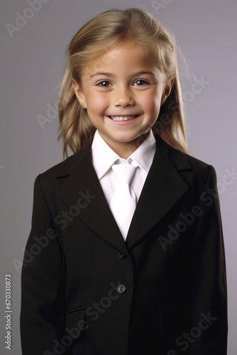 portrait of child girl wearing a formal suit playing using a lawyer costume with jacket and tie; studio shot with a grey background